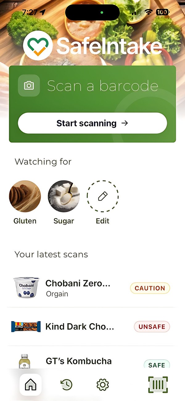 SafeIntake Home screen
