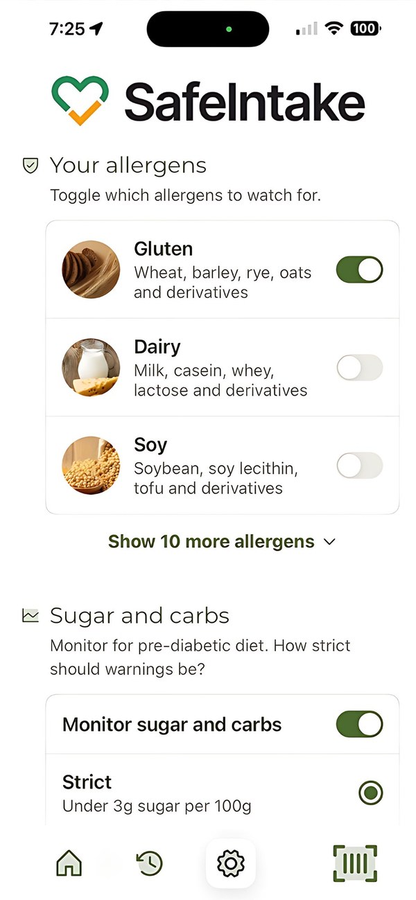 SafeIntake Allergens screen