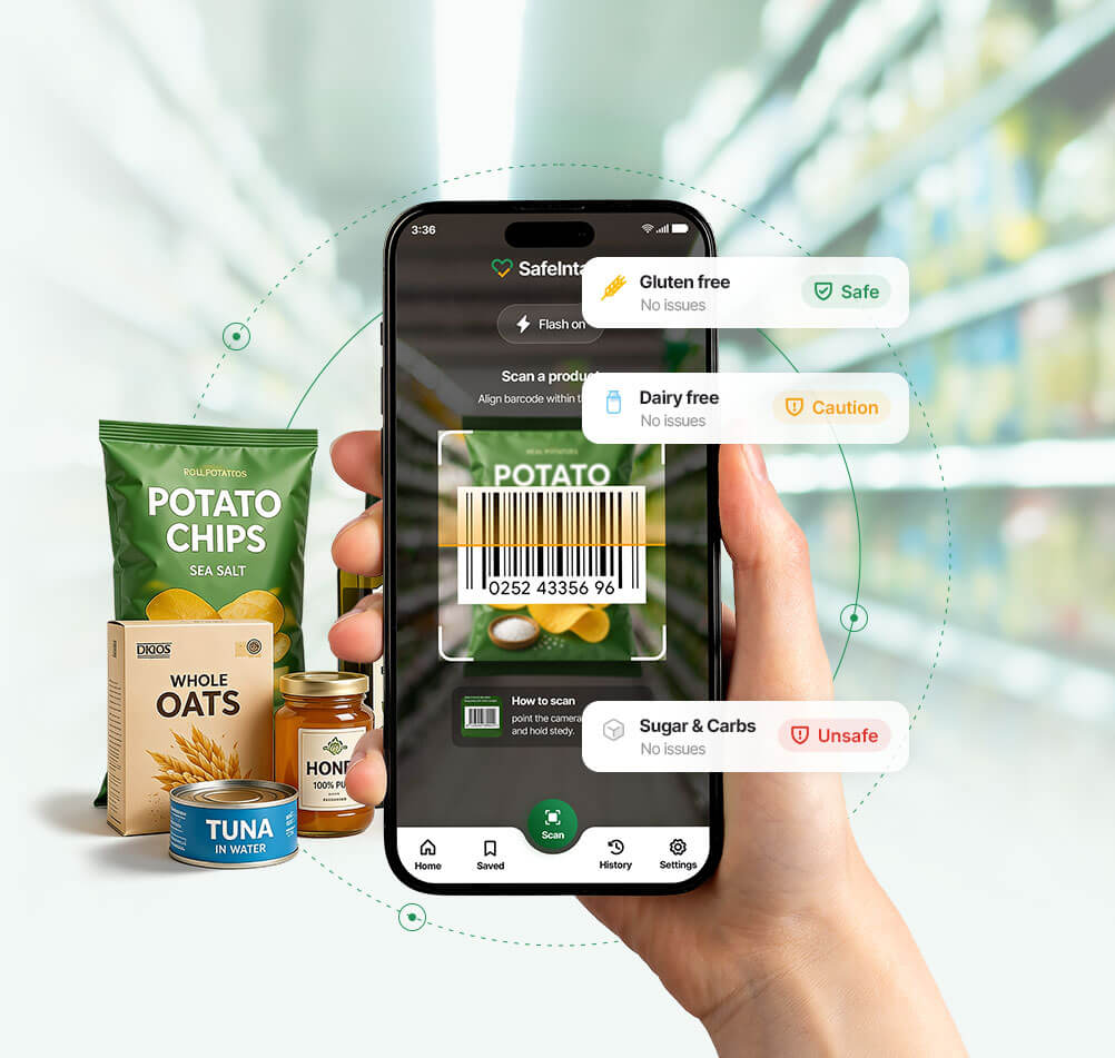 A hand holds a phone scanning a potato chip bag in a grocery store, with the SafeIntake app showing safety verdicts for gluten, dairy, and sugar.